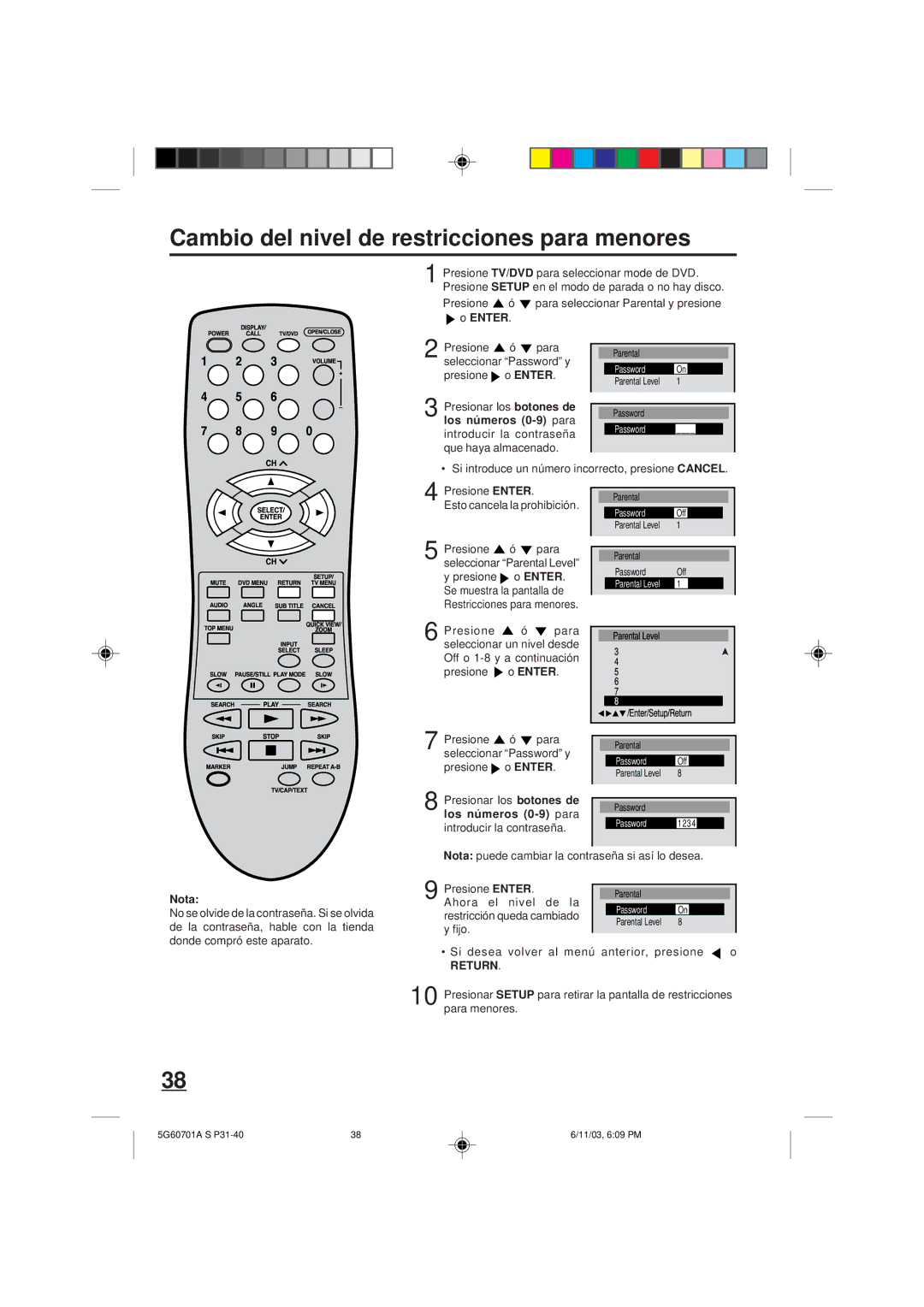 Memorex MVD2009CB owner manual Cambio del nivel de restricciones para menores, Los números 0-9 para 