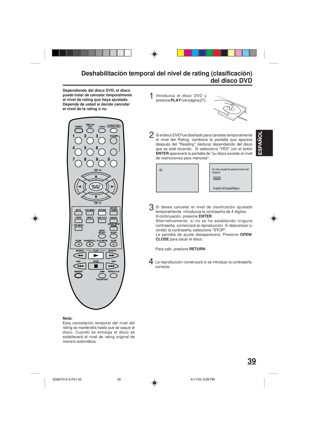 Memorex MVD2009CB owner manual Continuación, presione Enter 