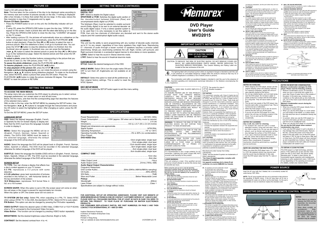 Memorex MVD2015 important safety instructions Picture CD, Setting the Menus, Power Source 