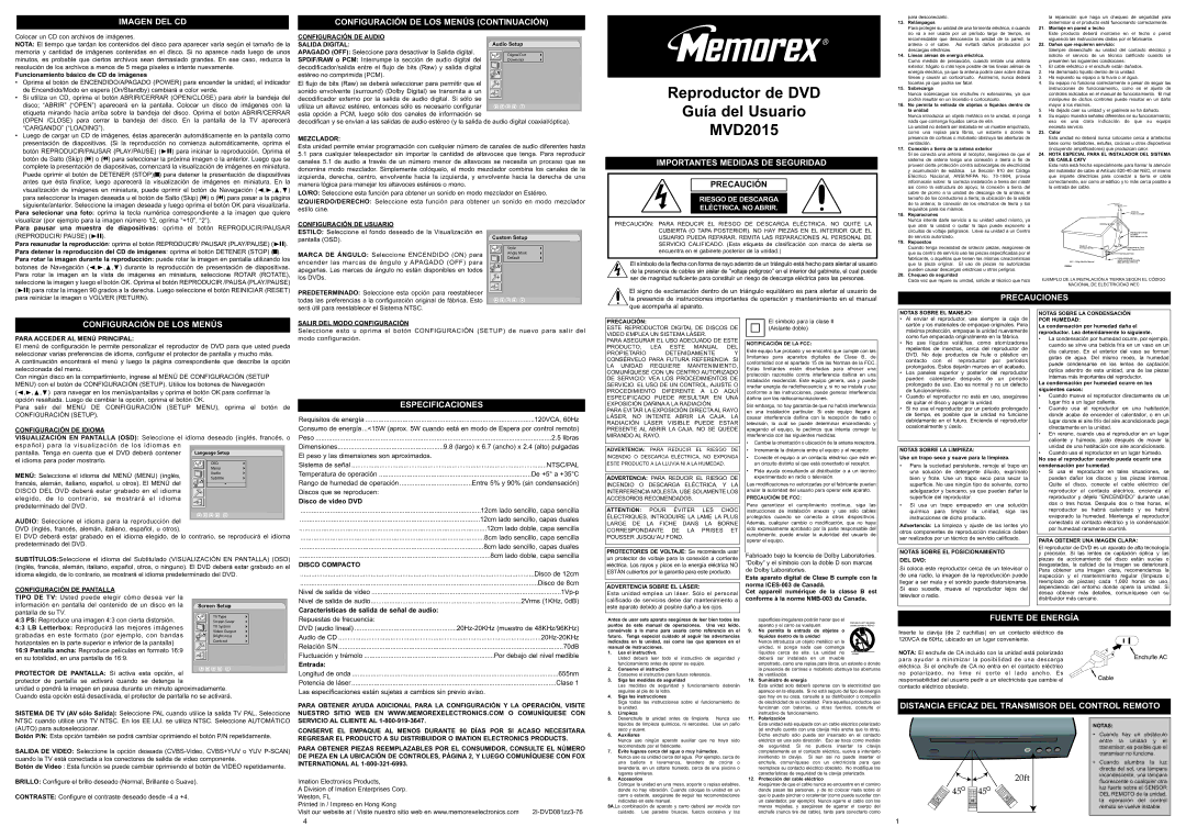 Memorex MVD2015 Imagen DEL CD, Configuración DE LOS Menús Continuación, Notificación DE LA FCC, Precaución DE FCC 