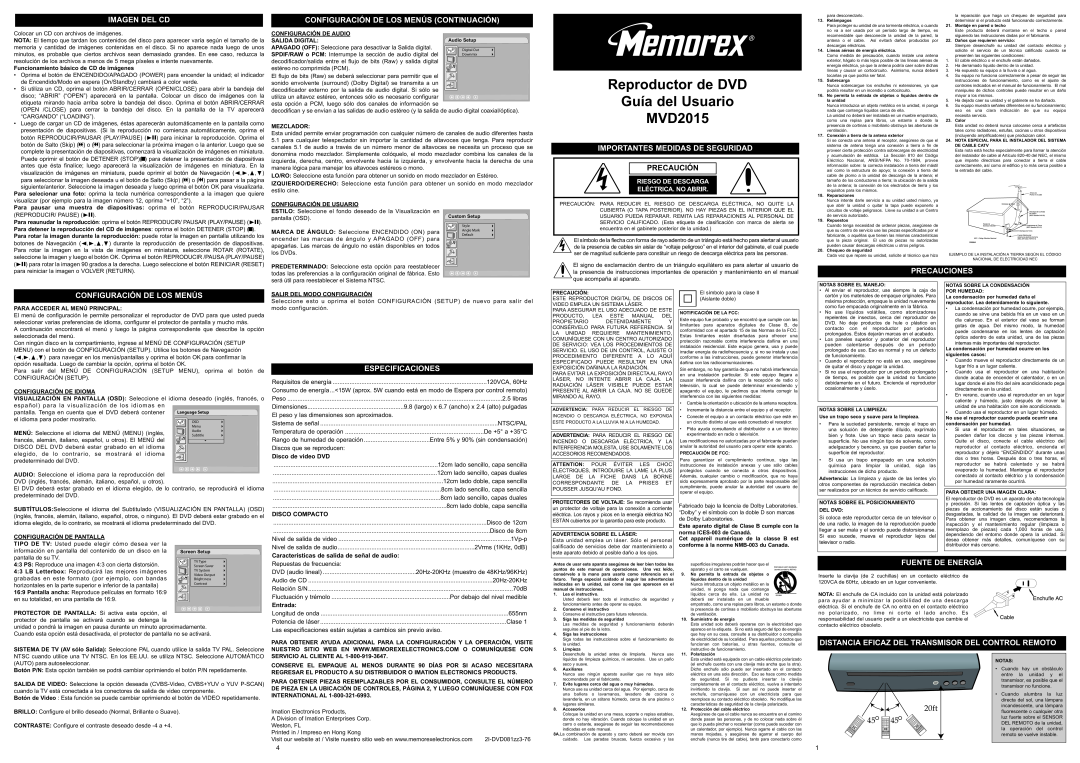 Memorex Reproductor de DVD Guía del Usuario MVD2015, Imagen Del Cd, Configuración De Los Menús Continuación, 20ft 4545 