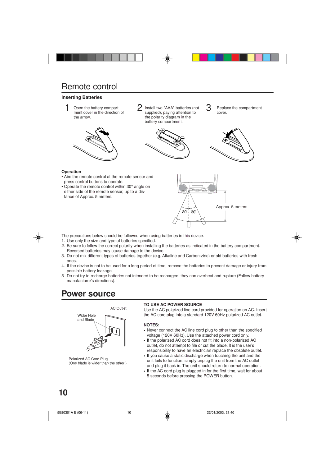 Memorex MVD2019 owner manual Remote control, Power source, Inserting Batteries, Operation, To USE AC Power Source 