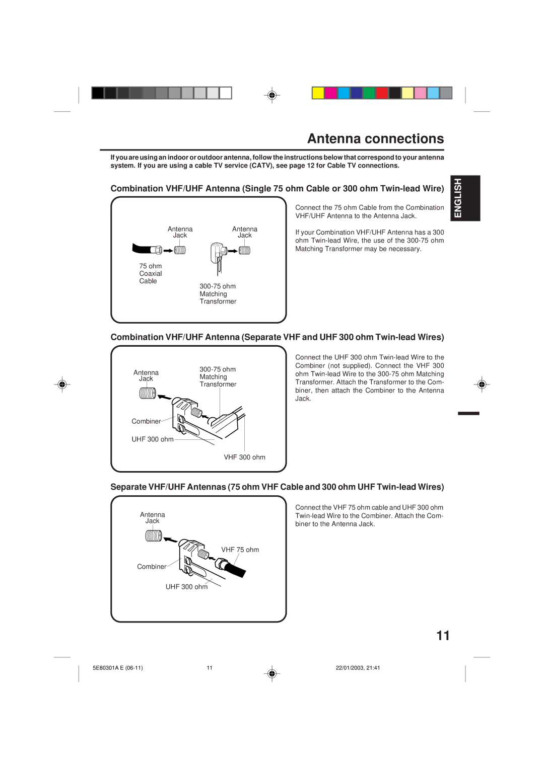 Memorex MVD2019 owner manual Antenna connections, Jack Ohm Coaxial Cable Ohm Matching Transformer 