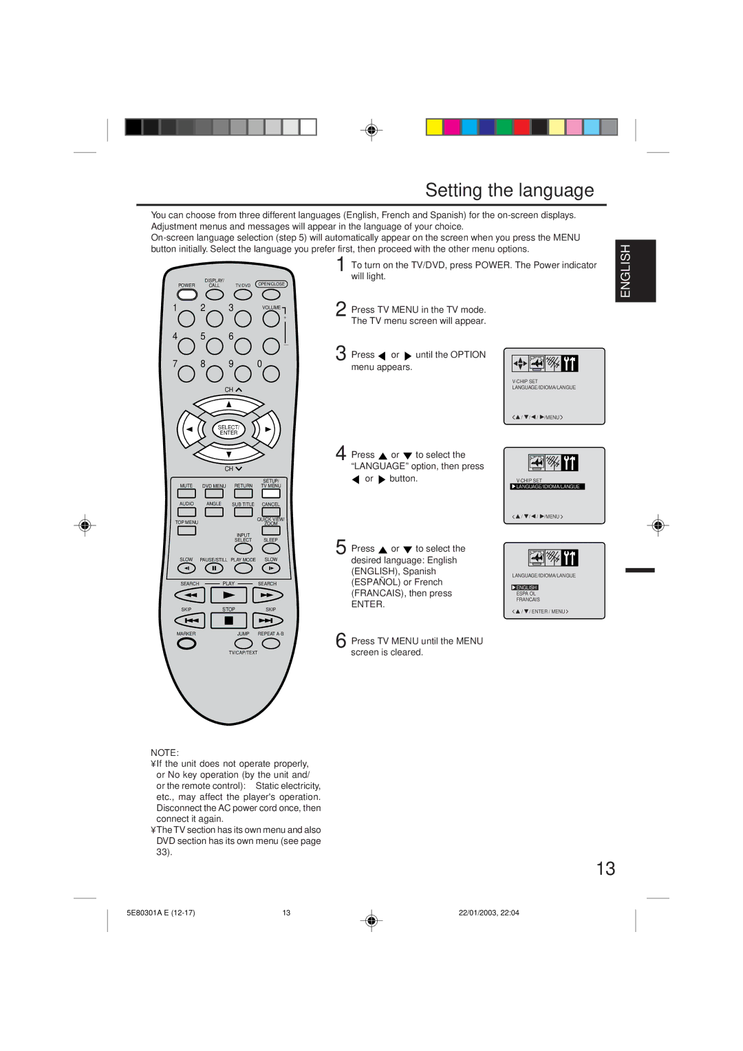 Memorex MVD2019 owner manual Setting the language, Press or until the Option menu appears, Enter 