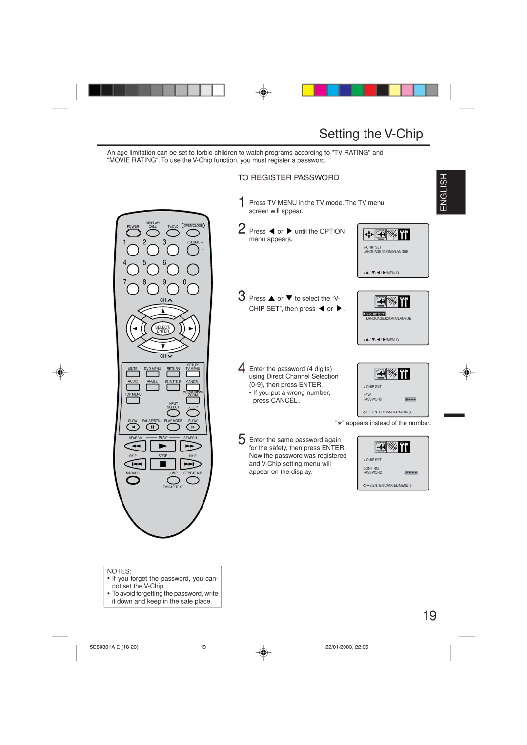 Memorex MVD2019 owner manual Setting the V-Chip, To Register Password 