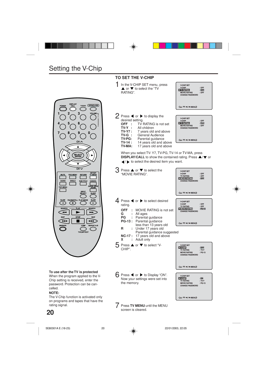 Memorex MVD2019 owner manual Setting the V-Chip, To SET the V-CHIP 