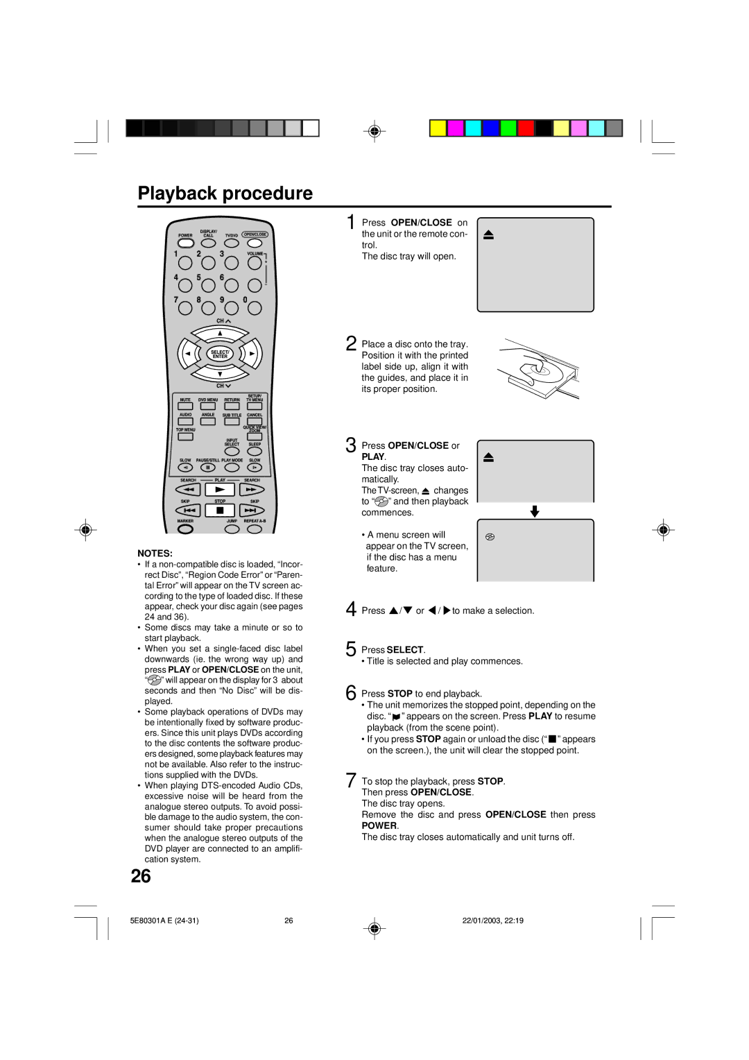 Memorex MVD2019 owner manual Playback procedure, Press OPEN/CLOSE on the unit or the remote con- trol, Press OPEN/CLOSE or 