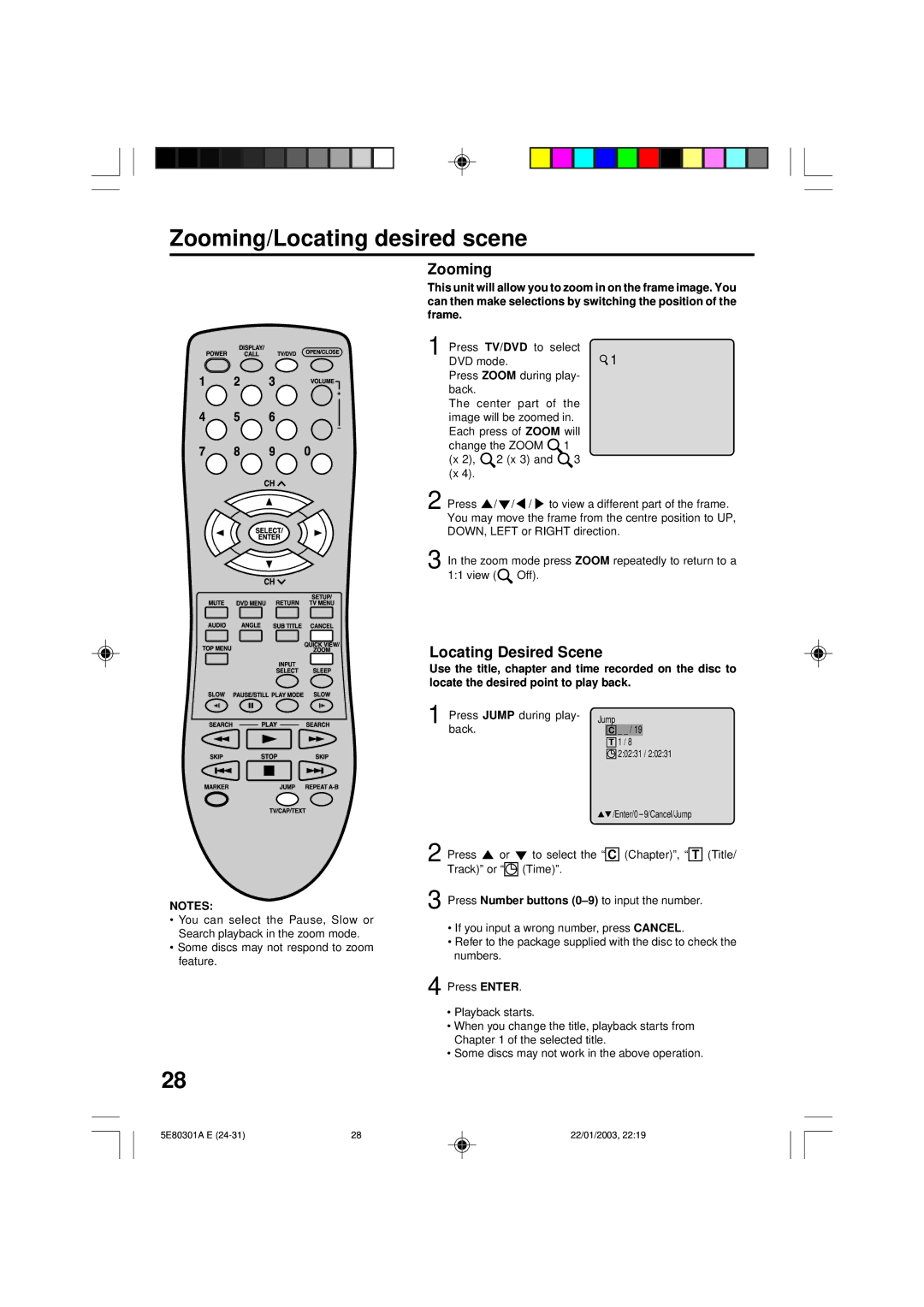 Memorex MVD2019 owner manual Zooming/Locating desired scene, Locating Desired Scene, Press Jump during play, Back 