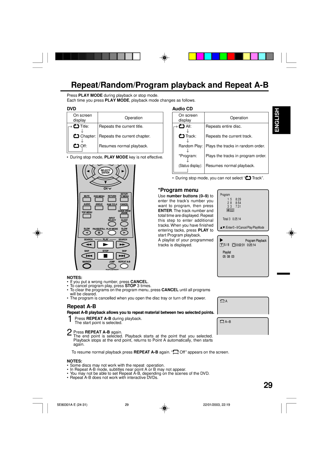 Memorex MVD2019 Repeat/Random/Program playback and Repeat A-B, Program menu, Audio CD, Use number buttons 0-9 to 