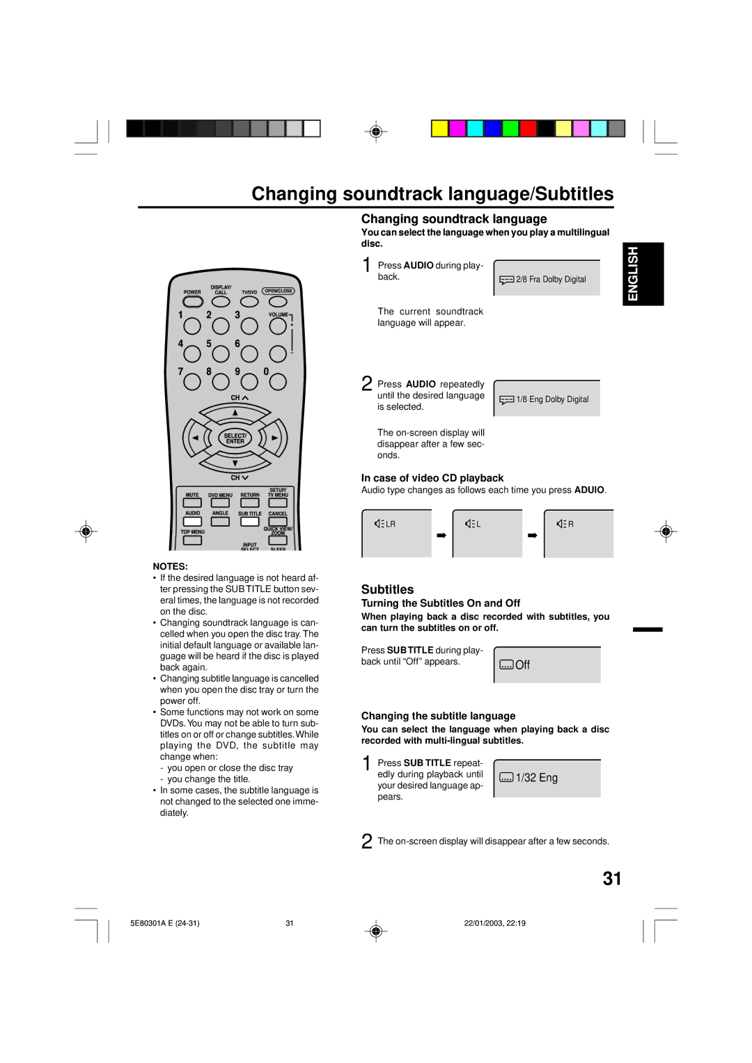 Memorex MVD2019 Changing soundtrack language/Subtitles, Case of video CD playback, Turning the Subtitles On and Off 