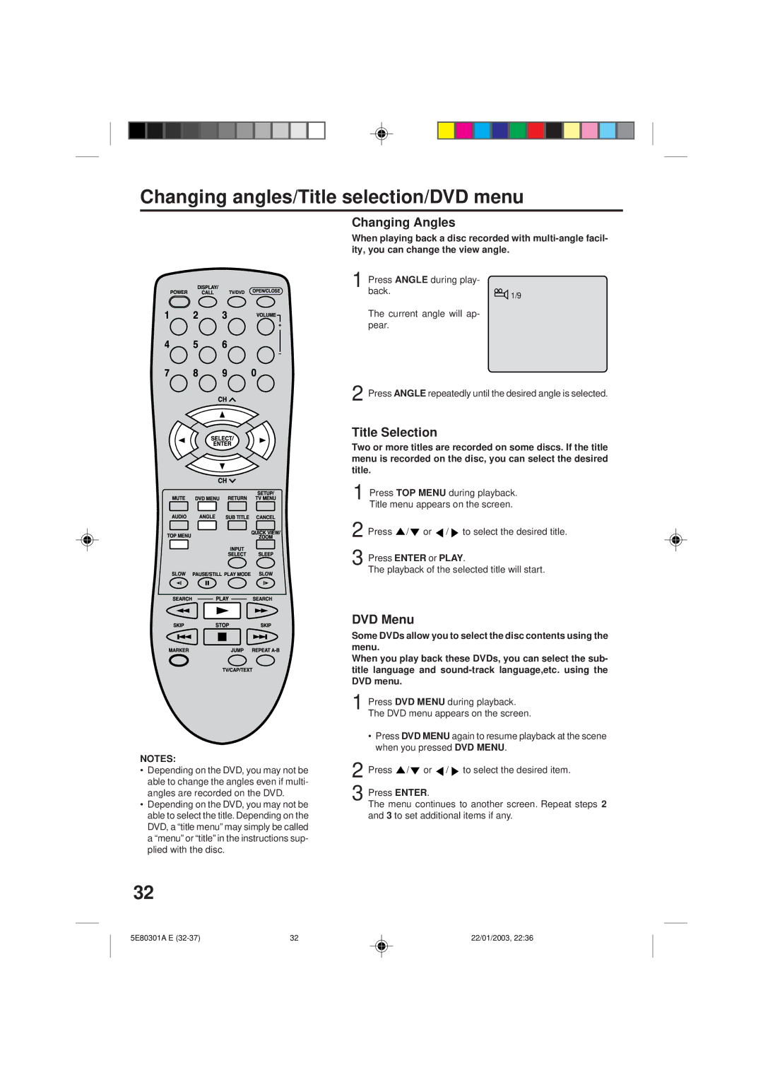 Memorex MVD2019 owner manual Changing angles/Title selection/DVD menu, Changing Angles, Title Selection, DVD Menu 