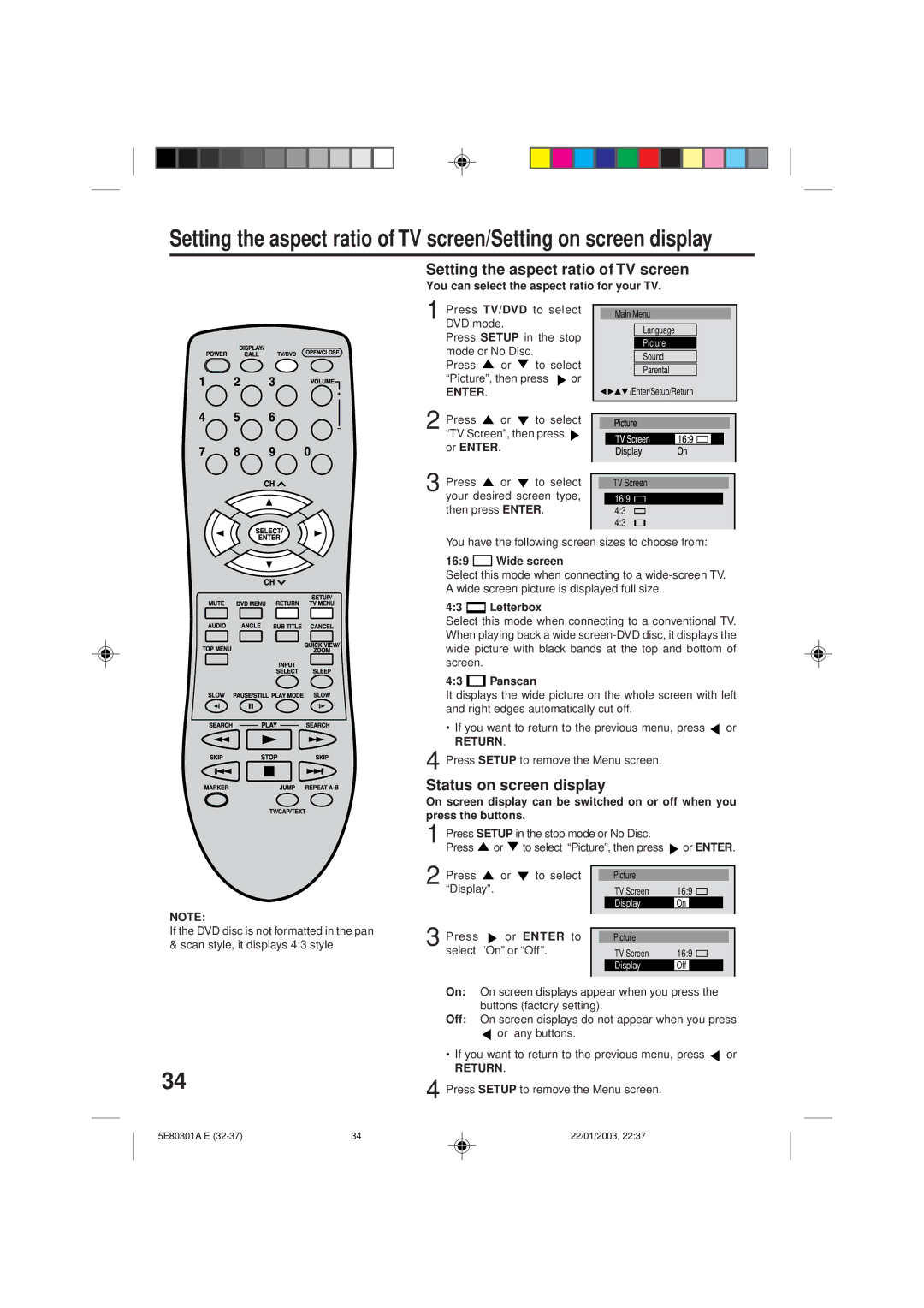 Memorex MVD2019 owner manual Setting the aspect ratio of TV screen, Status on screen display, Return 