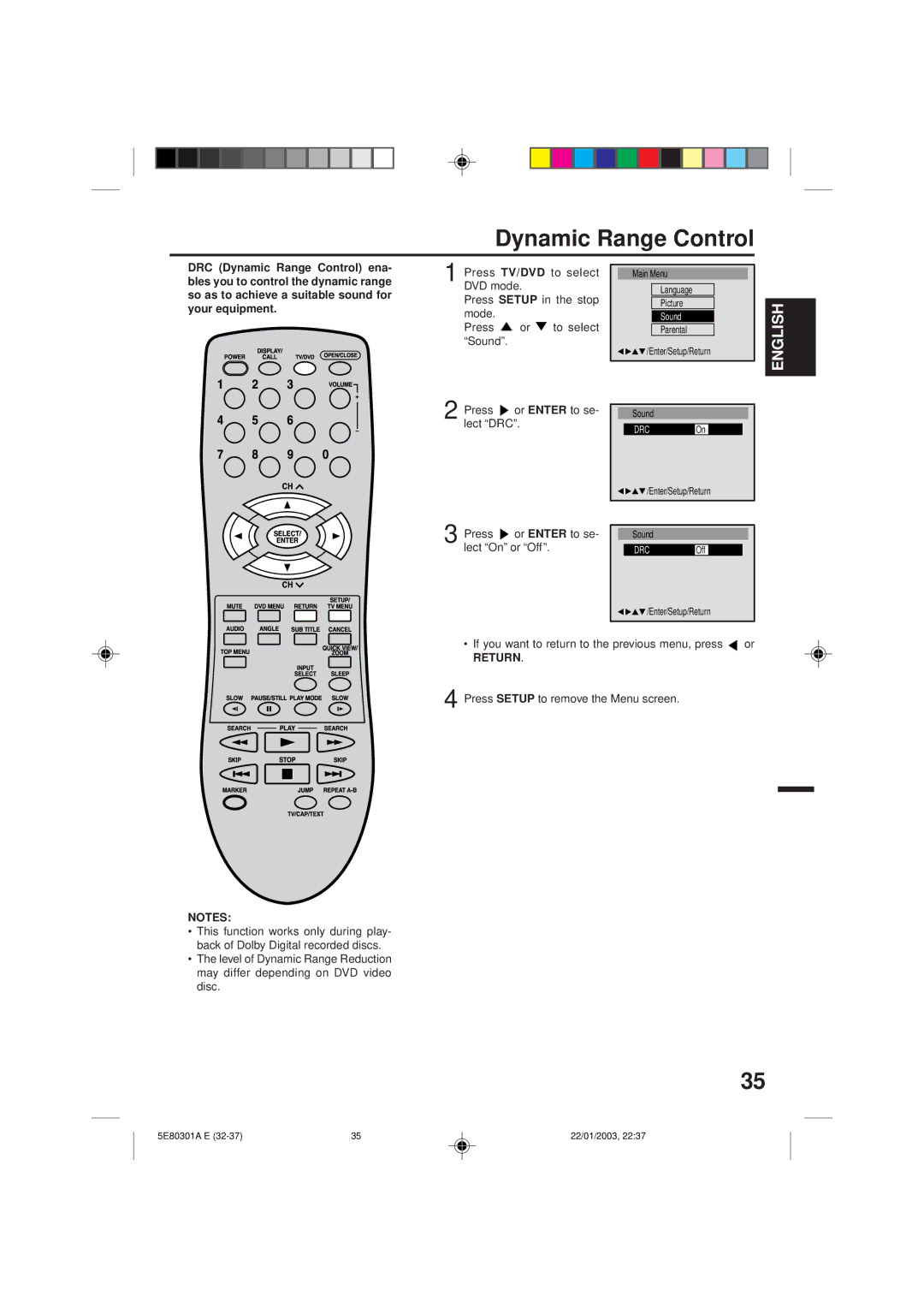 Memorex MVD2019 owner manual Dynamic Range Control, Press or Enter to se- lect DRC, Press or Enter to se- lect On or Off 