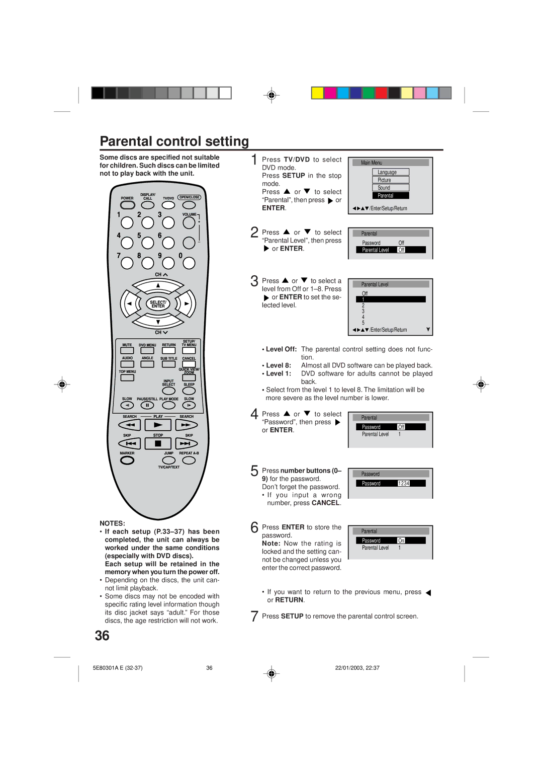 Memorex MVD2019 owner manual Parental control setting 