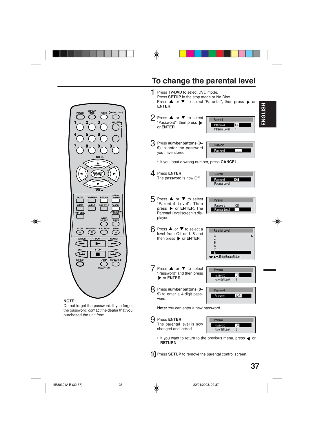 Memorex MVD2019 owner manual To change the parental level 