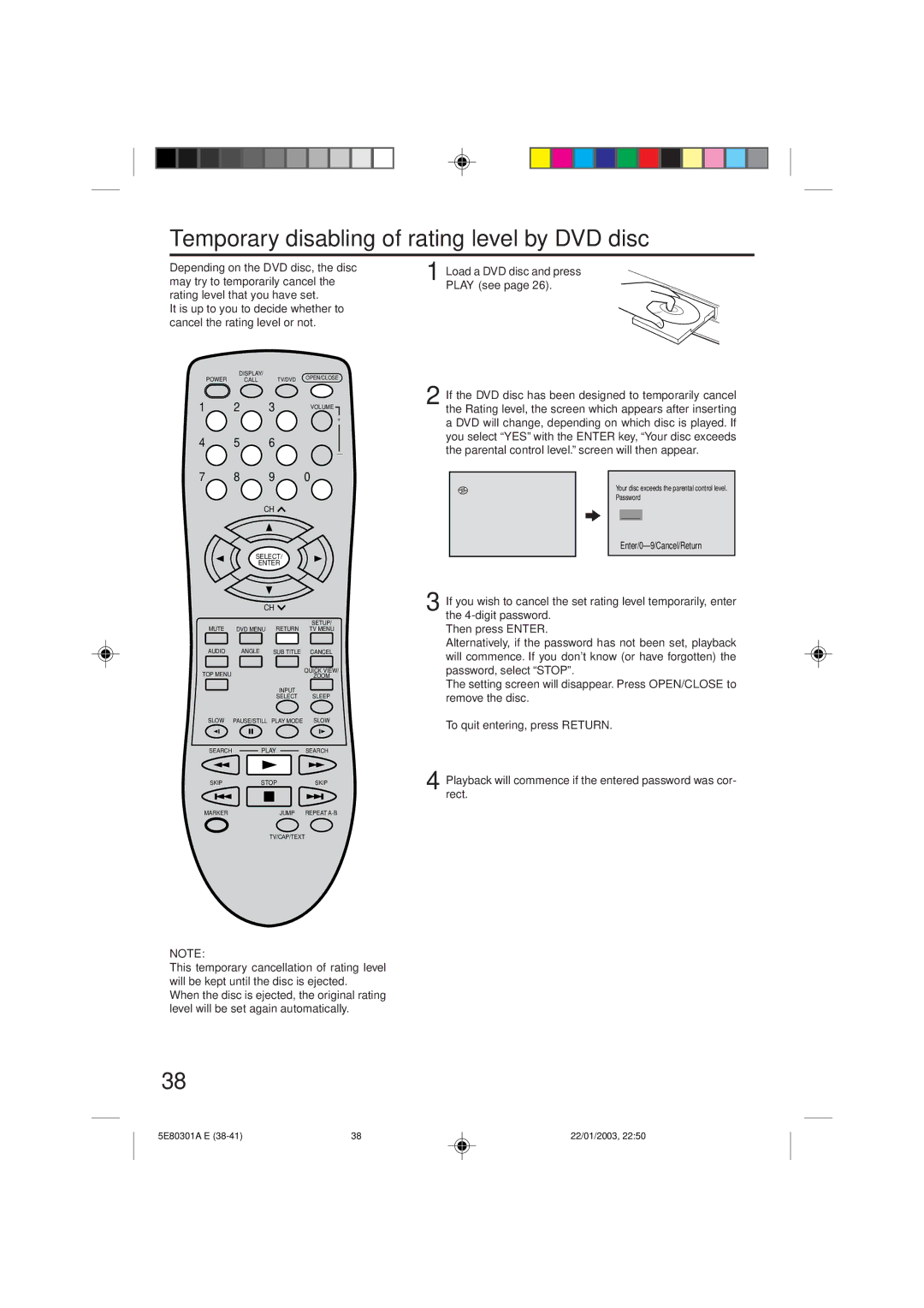 Memorex MVD2019 owner manual Temporary disabling of rating level by DVD disc 