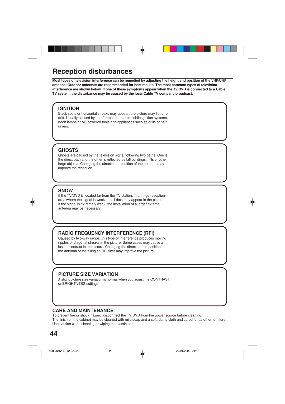 Memorex MVD2019 owner manual Reception disturbances, Ignition 