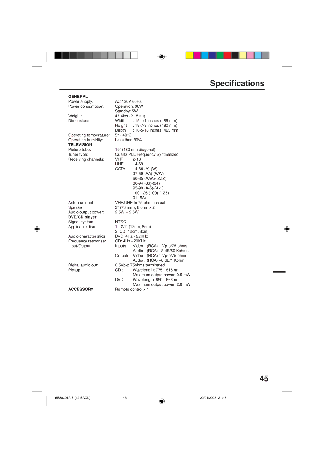 Memorex MVD2019 owner manual Specifications, General, Television, DVD/CD player, Accessory 