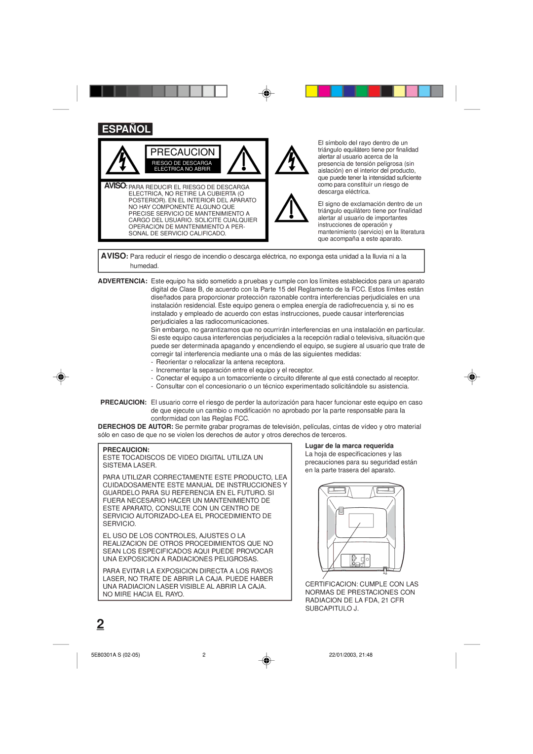 Memorex MVD2019 owner manual Precaucion, Lugar de la marca requerida 