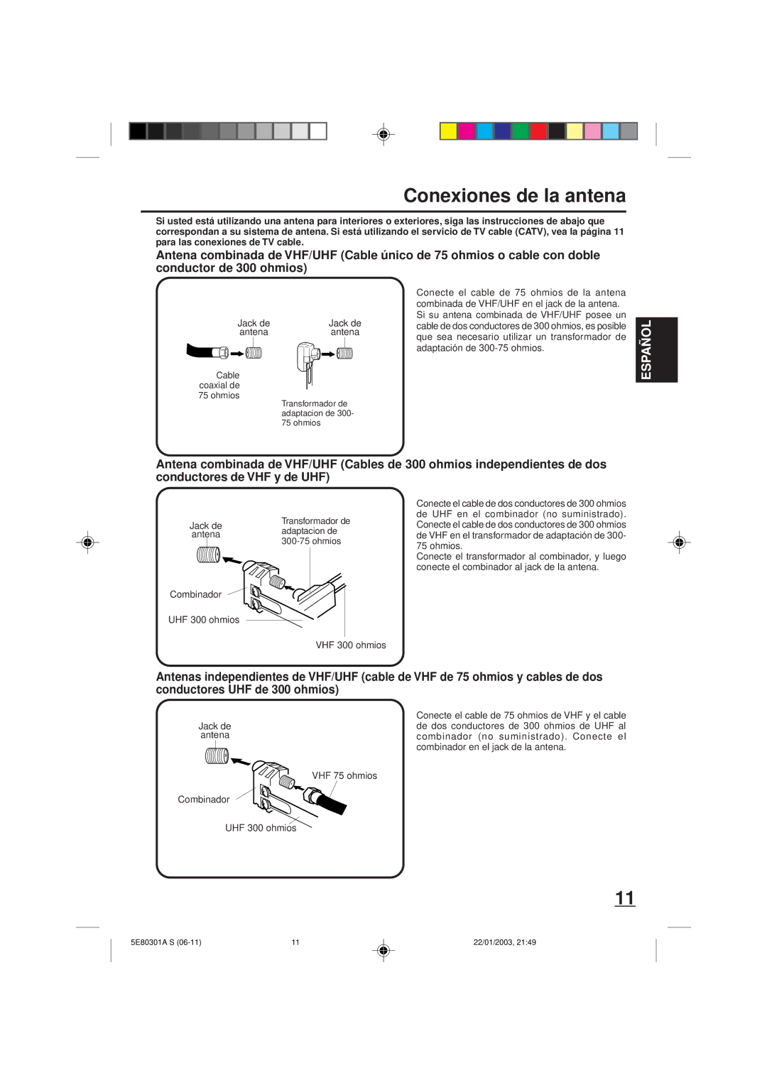 Memorex MVD2019 owner manual Conexiones de la antena, Combinador UHF 300 ohmios VHF 300 ohmios 