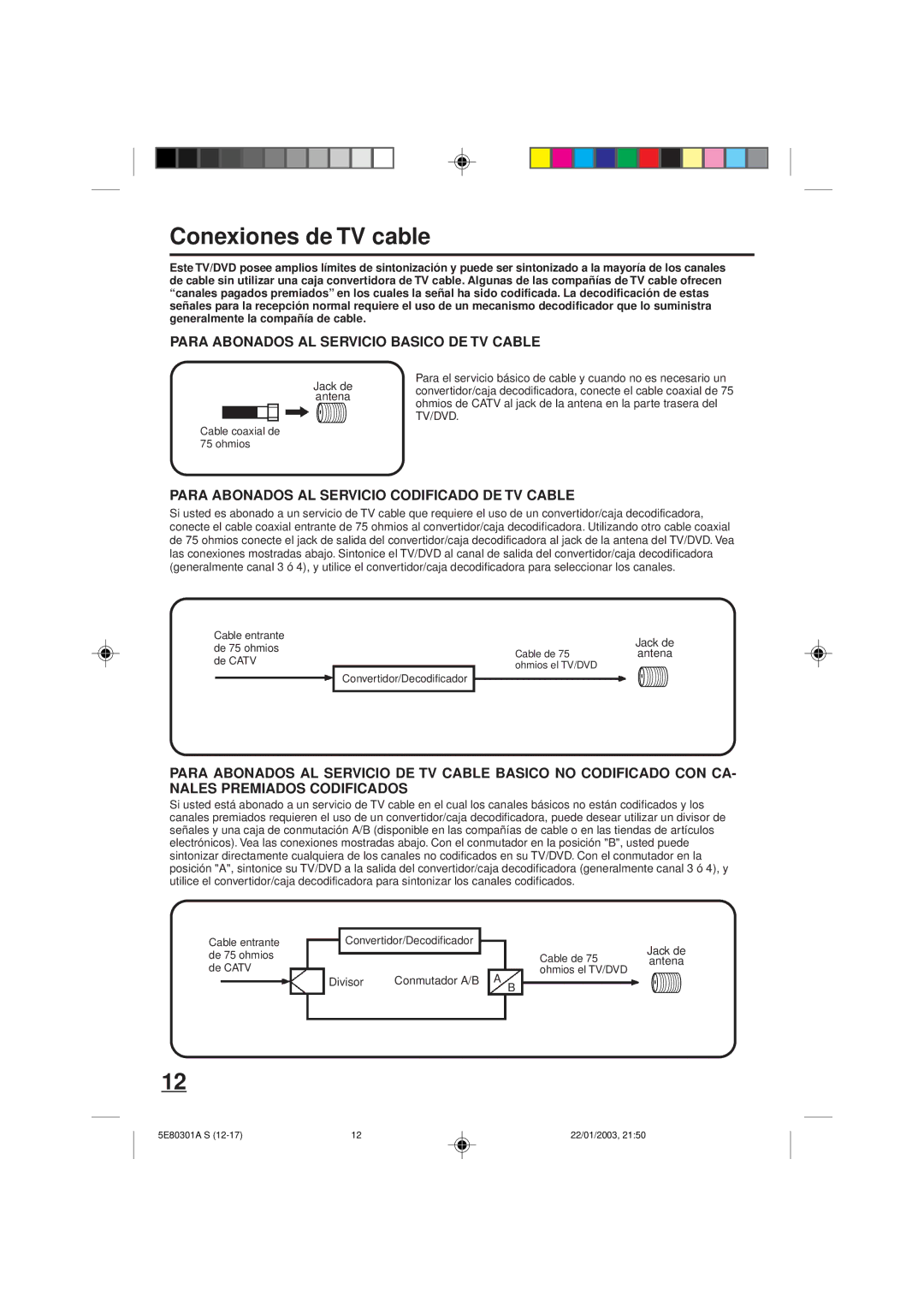 Memorex MVD2019 owner manual Conexiones de TV cable, Para Abonados AL Servicio Basico DE TV Cable 