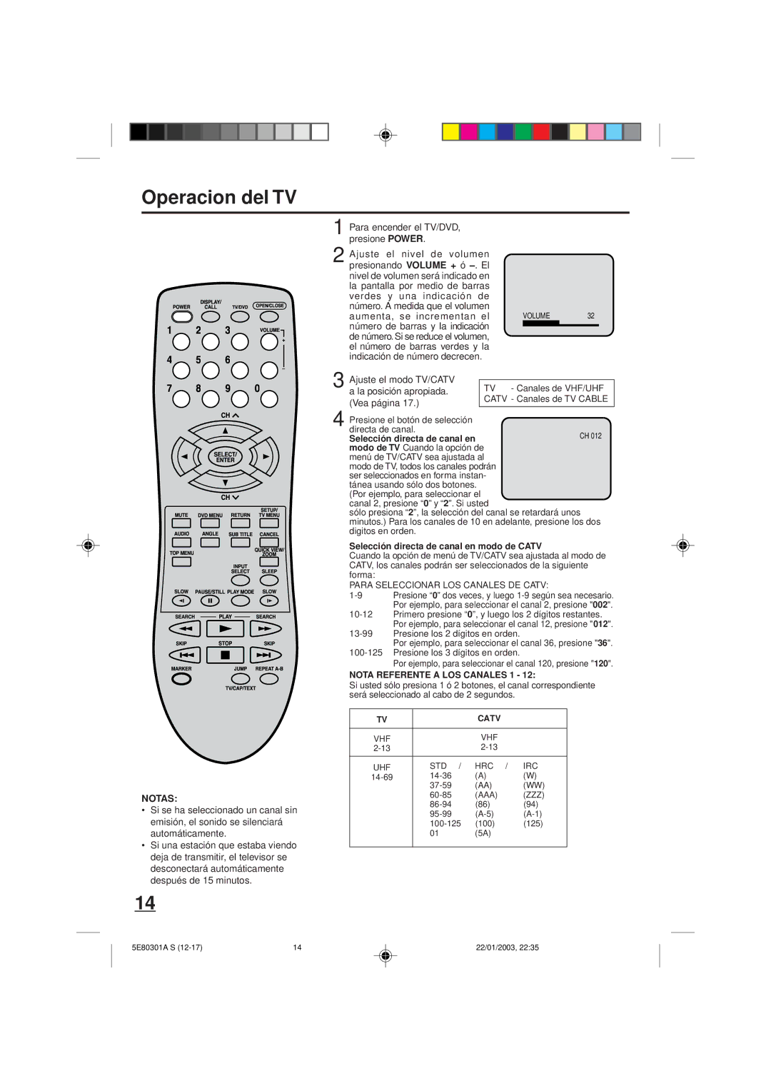 Memorex MVD2019 owner manual Operacion del TV, Selección directa de canal en modo de Catv 