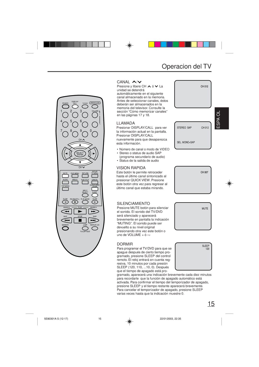 Memorex MVD2019 owner manual Operacion del TV 