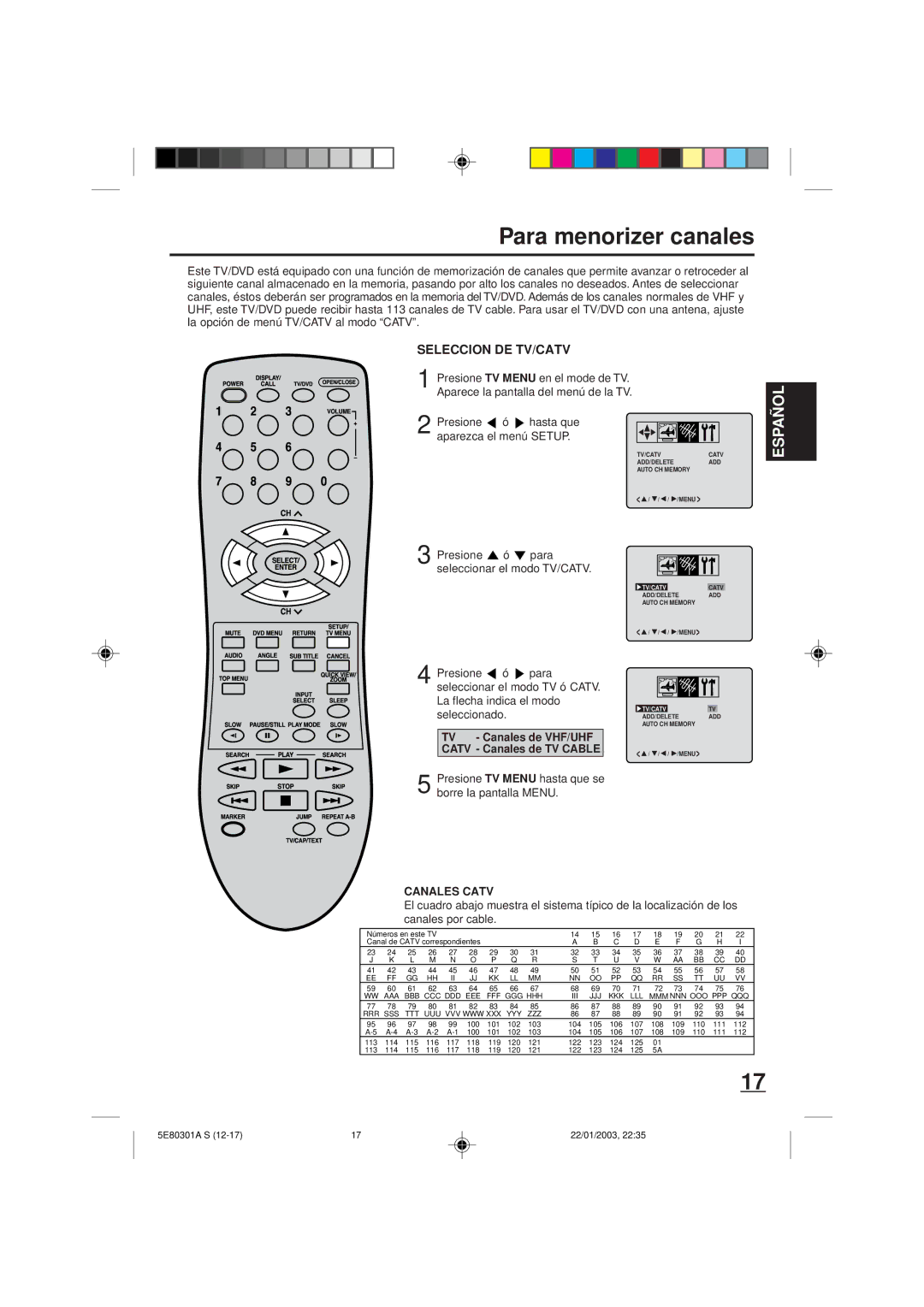 Memorex MVD2019 owner manual Para menorizer canales, TV Canales de VHF/UHF Catv Canales de TV Cable, Canales Catv 