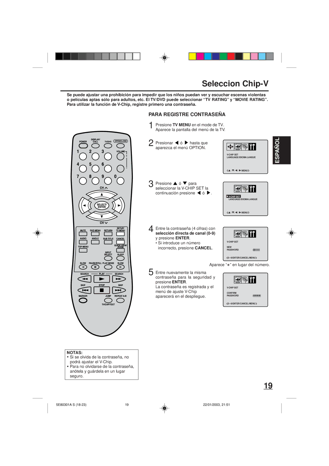 Memorex MVD2019 owner manual Seleccion Chip-V, Para Registre Contraseña, Presionar ó hasta que, Aparezca el menú Option 