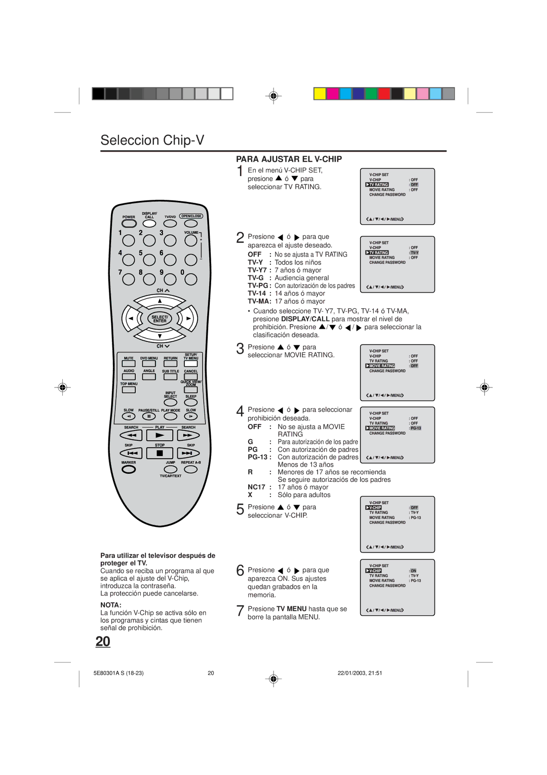 Memorex MVD2019 owner manual Seleccion Chip-V, PG-13, Para utilizar el televisor después de proteger el TV, Nota 