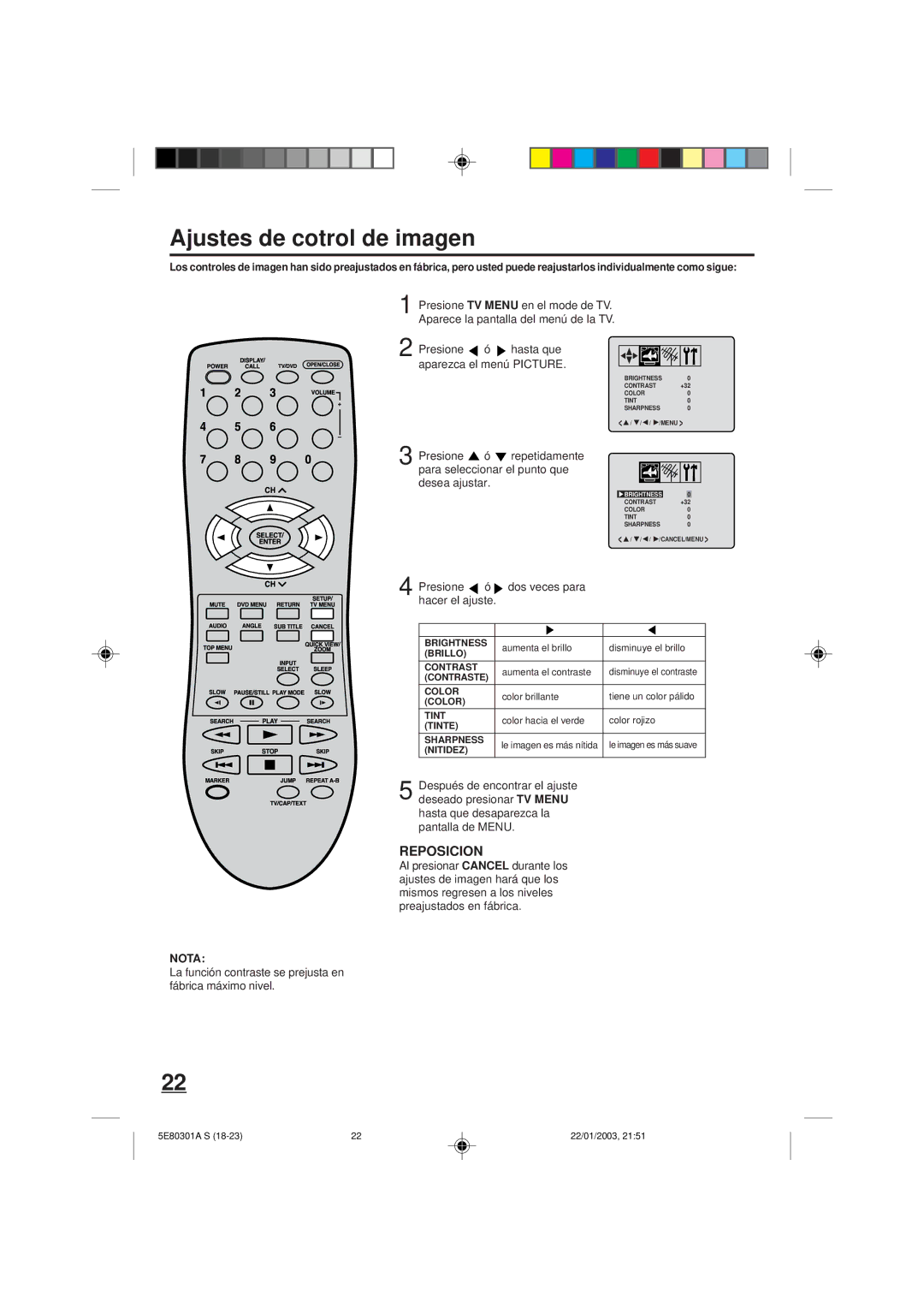 Memorex MVD2019 owner manual Ajustes de cotrol de imagen, Reposicion 