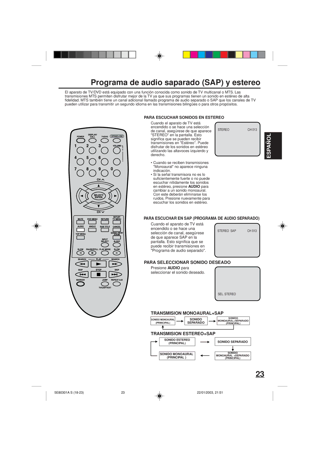 Memorex MVD2019 owner manual Programa de audio saparado SAP y estereo, Para Escuchar Sonidos EN Estereo 