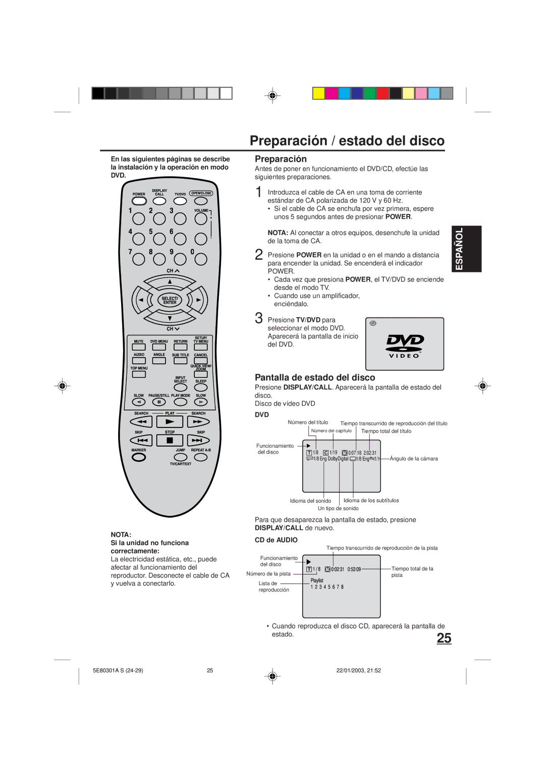 Memorex MVD2019 Preparación / estado del disco, Pantalla de estado del disco, Si la unidad no funciona correctamente 