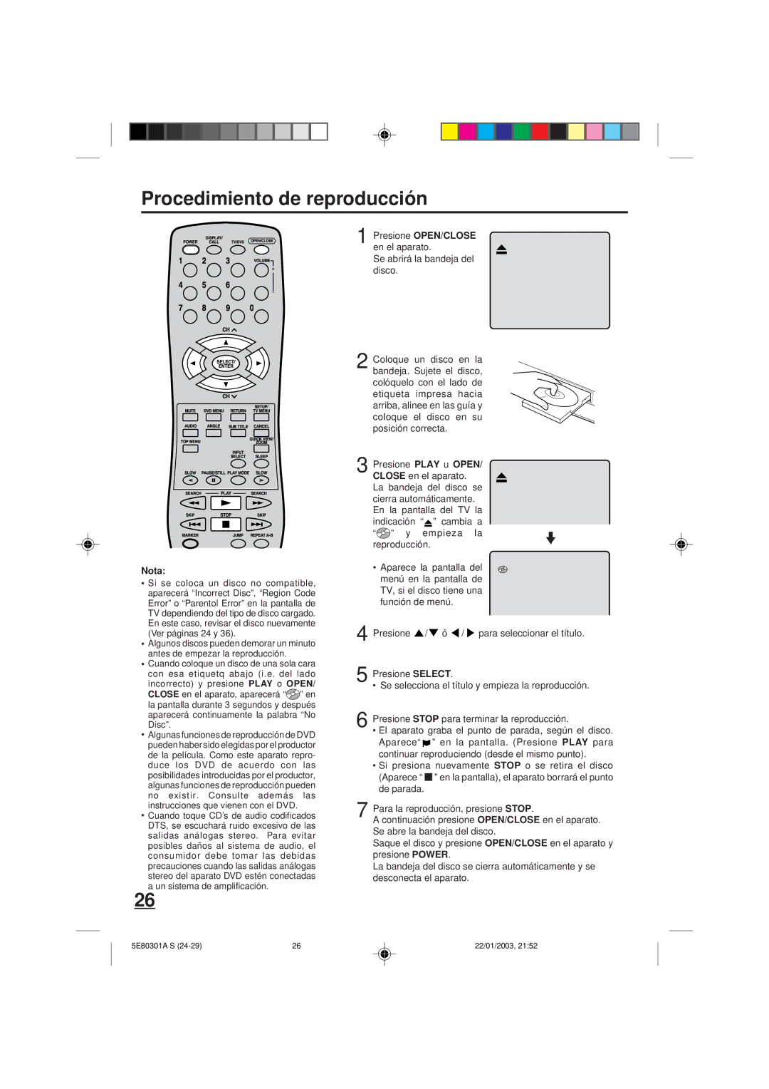 Memorex MVD2019 owner manual Procedimiento de reproducción, Nota 