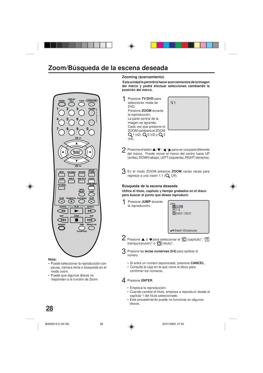 Memorex MVD2019 owner manual Zoom/Búsqueda de la escena deseada, Zooming acercamiento 