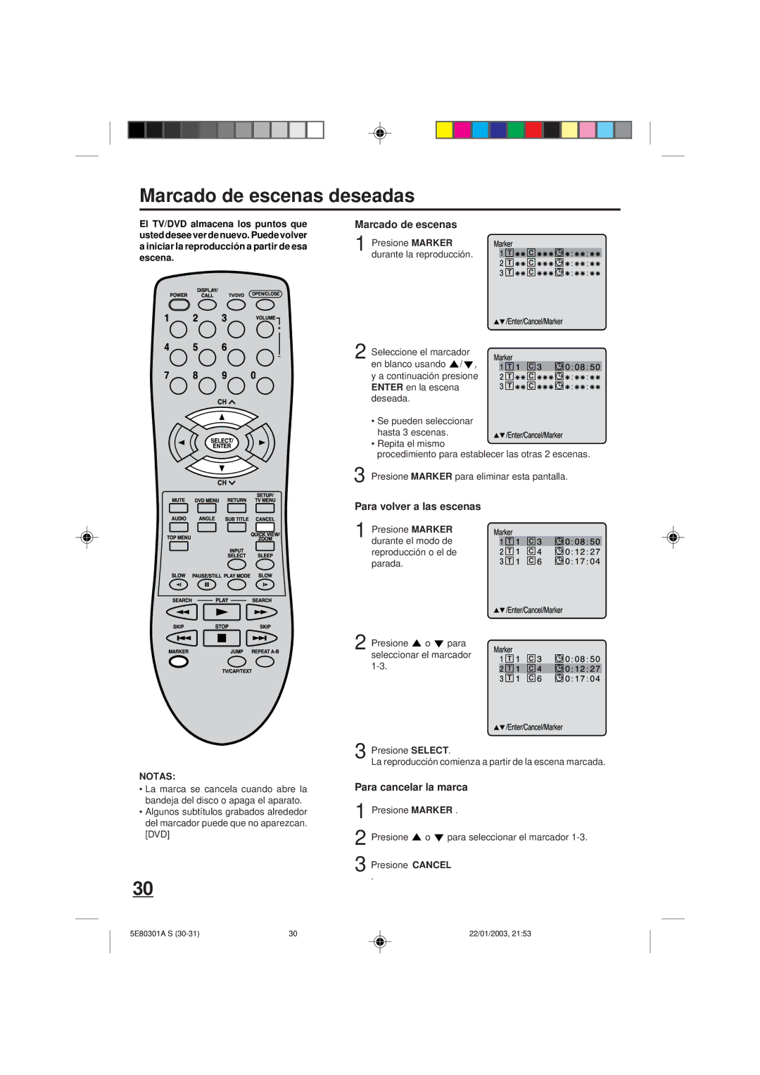 Memorex MVD2019 owner manual Marcado de escenas deseadas, Para volver a las escenas, Para cancelar la marca 