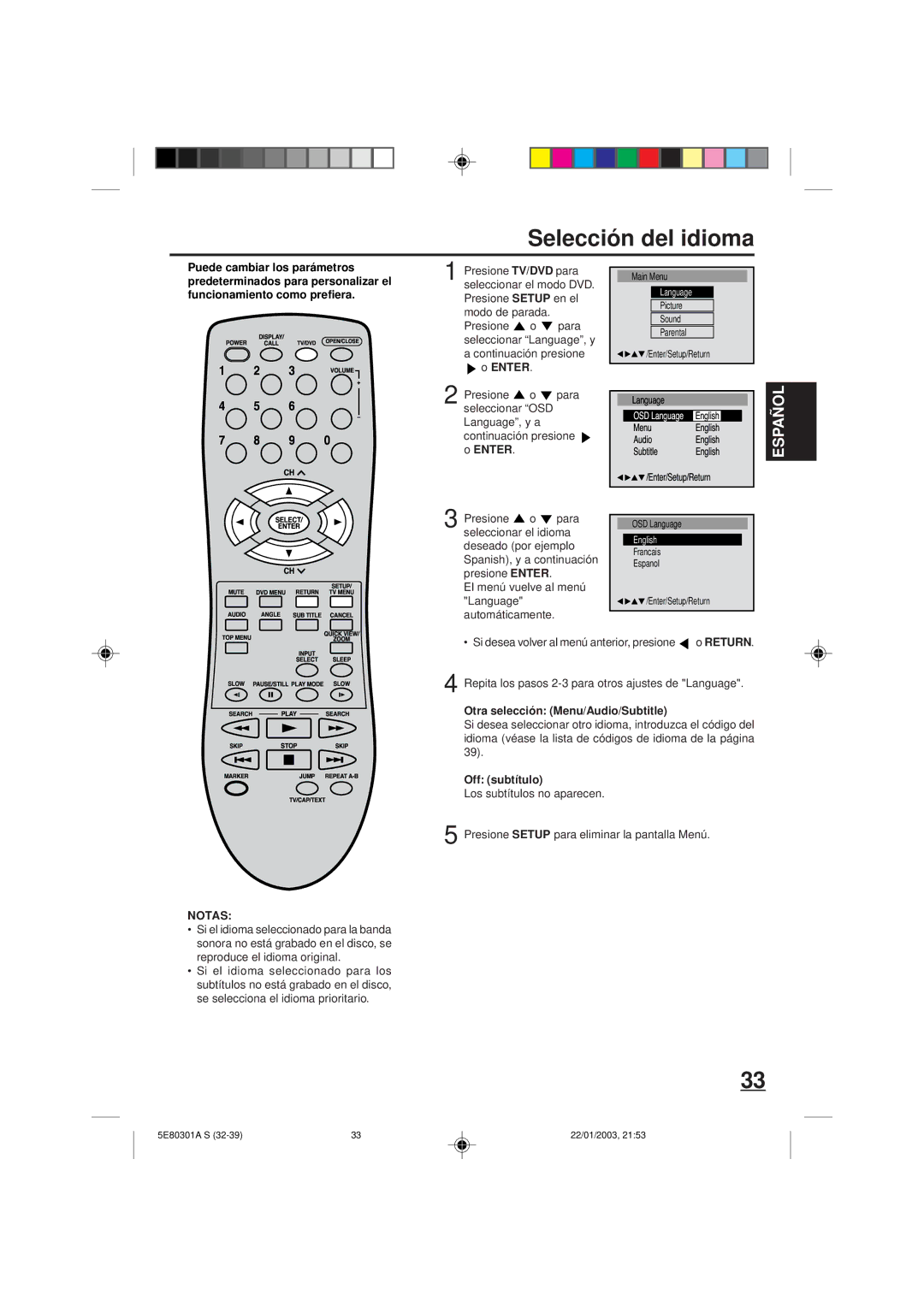 Memorex MVD2019 owner manual Selección del idioma, Enter, El menú vuelve al menú Language automáticamente, Off subtítulo 