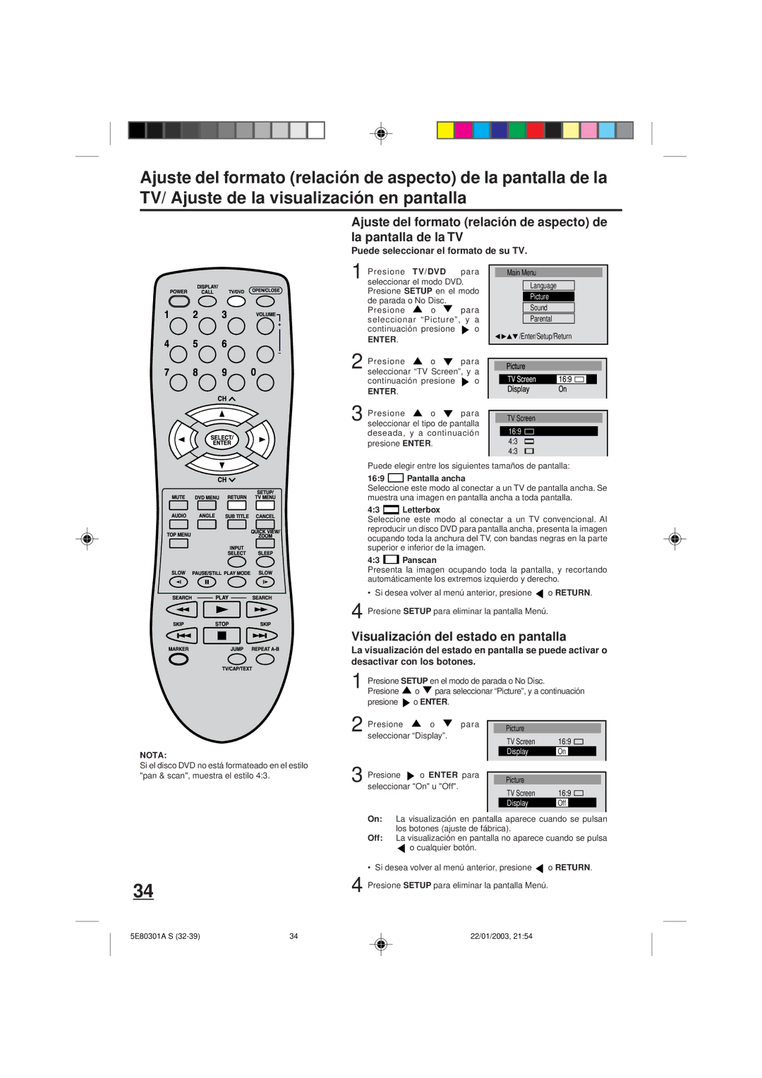 Memorex MVD2019 owner manual Visualización del estado en pantalla, Puede seleccionar el formato de su TV 