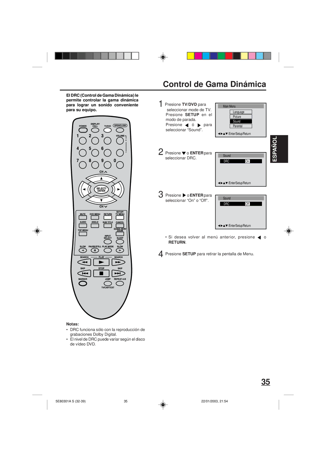 Memorex MVD2019 owner manual Control de Gama Dinámica, Presione o Enter para seleccionar DRC 