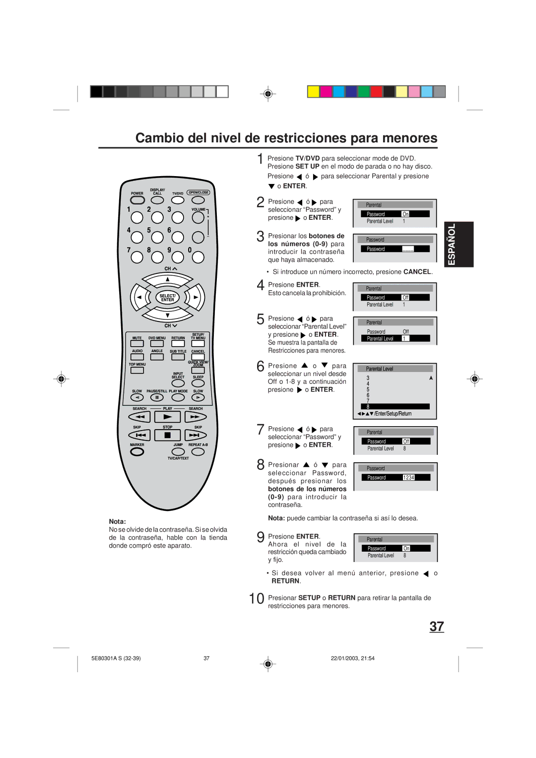 Memorex MVD2019 owner manual Cambio del nivel de restricciones para menores, Los números 0-9 para, Botones de los números 