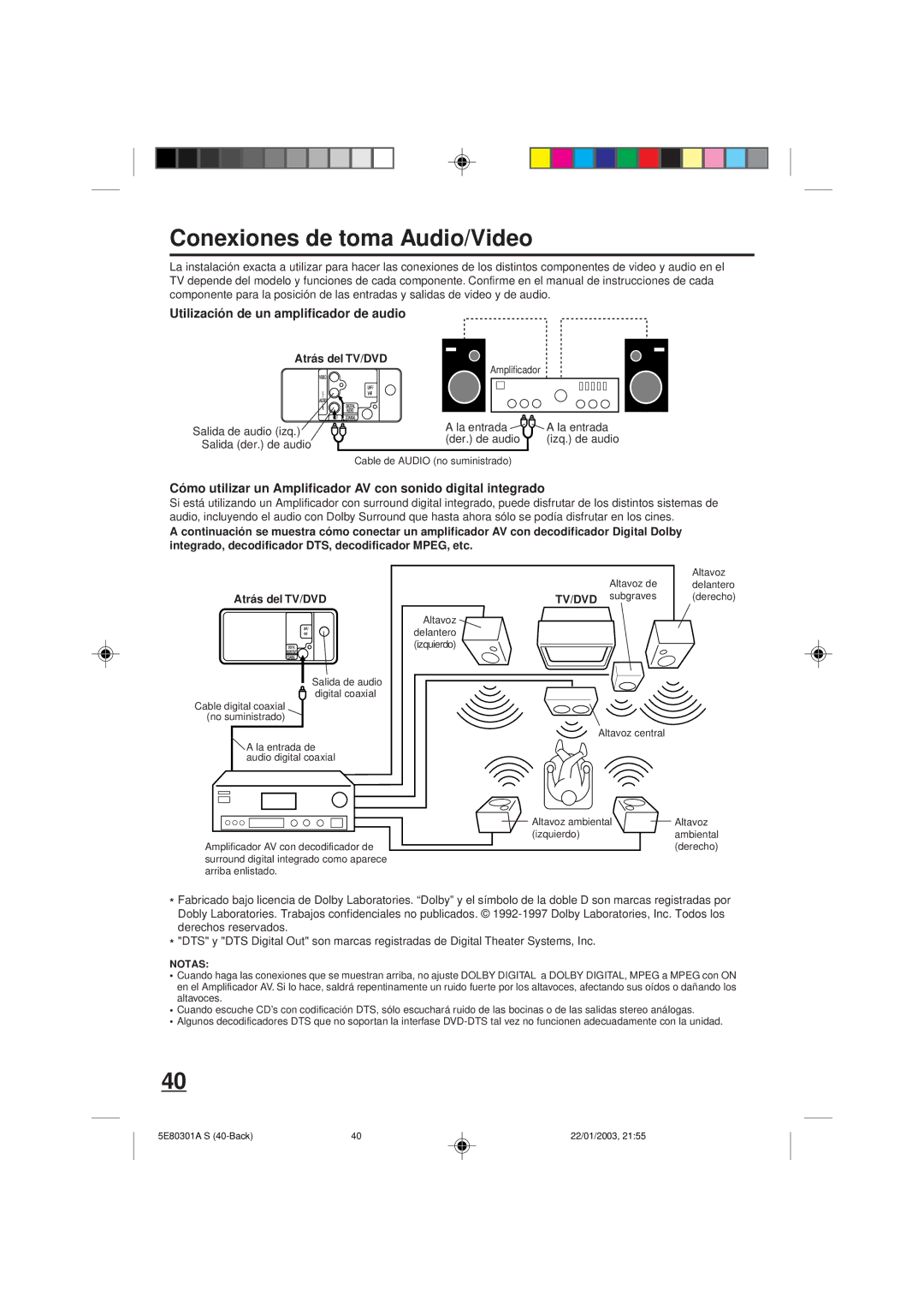 Memorex MVD2019 owner manual Conexiones de toma Audio/Video, Utilización de un amplificador de audio, Atrás del TV/DVD 