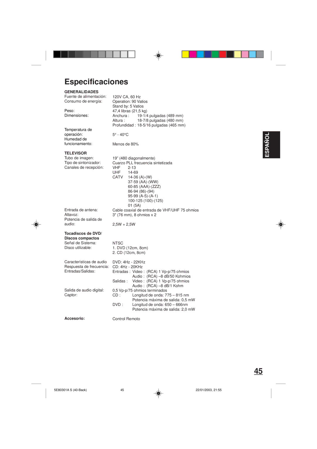 Memorex MVD2019 owner manual Especificaciones, Accesorio 