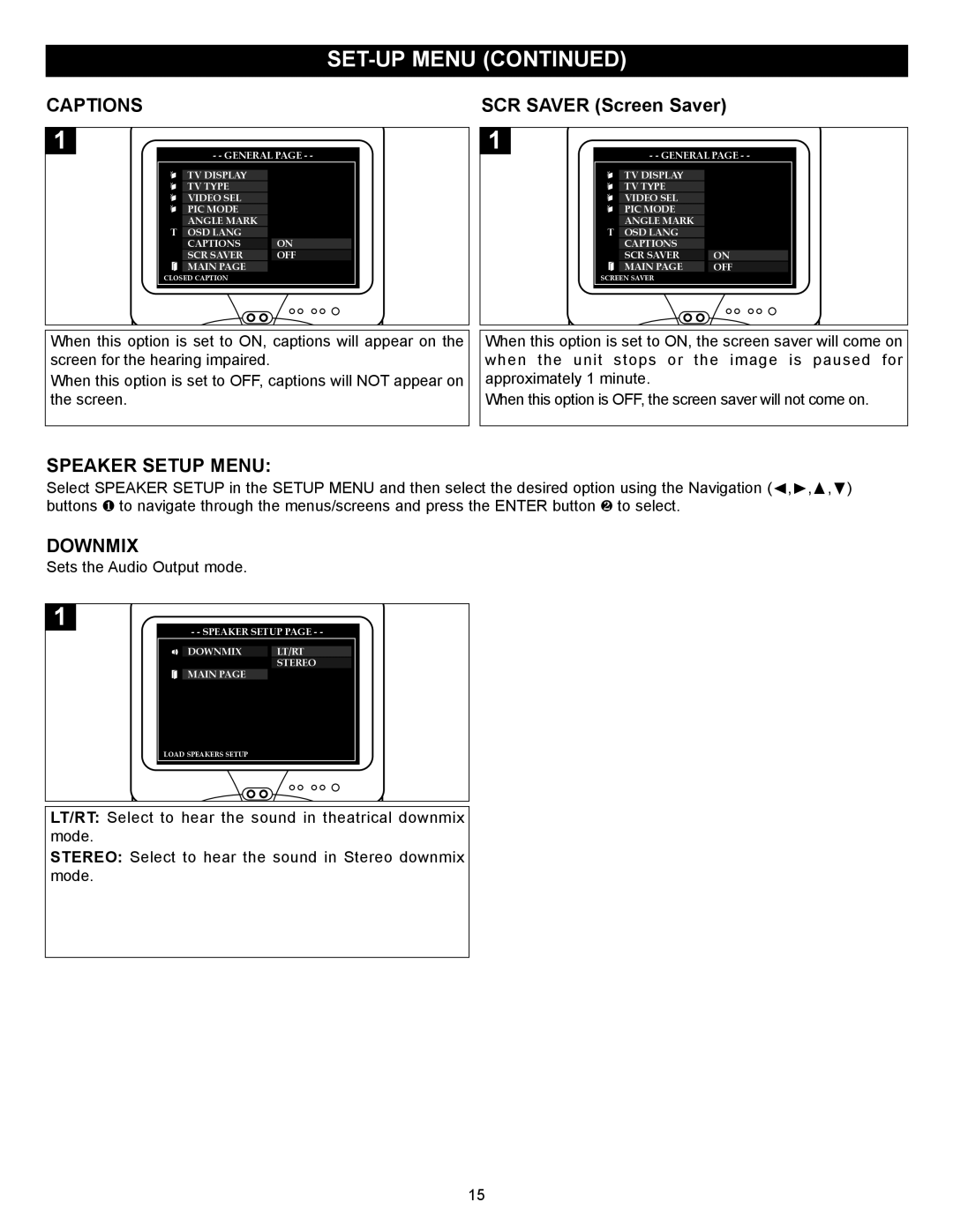 Memorex MVD2027 operating instructions Captions, Speaker Setup Menu, Downmix 