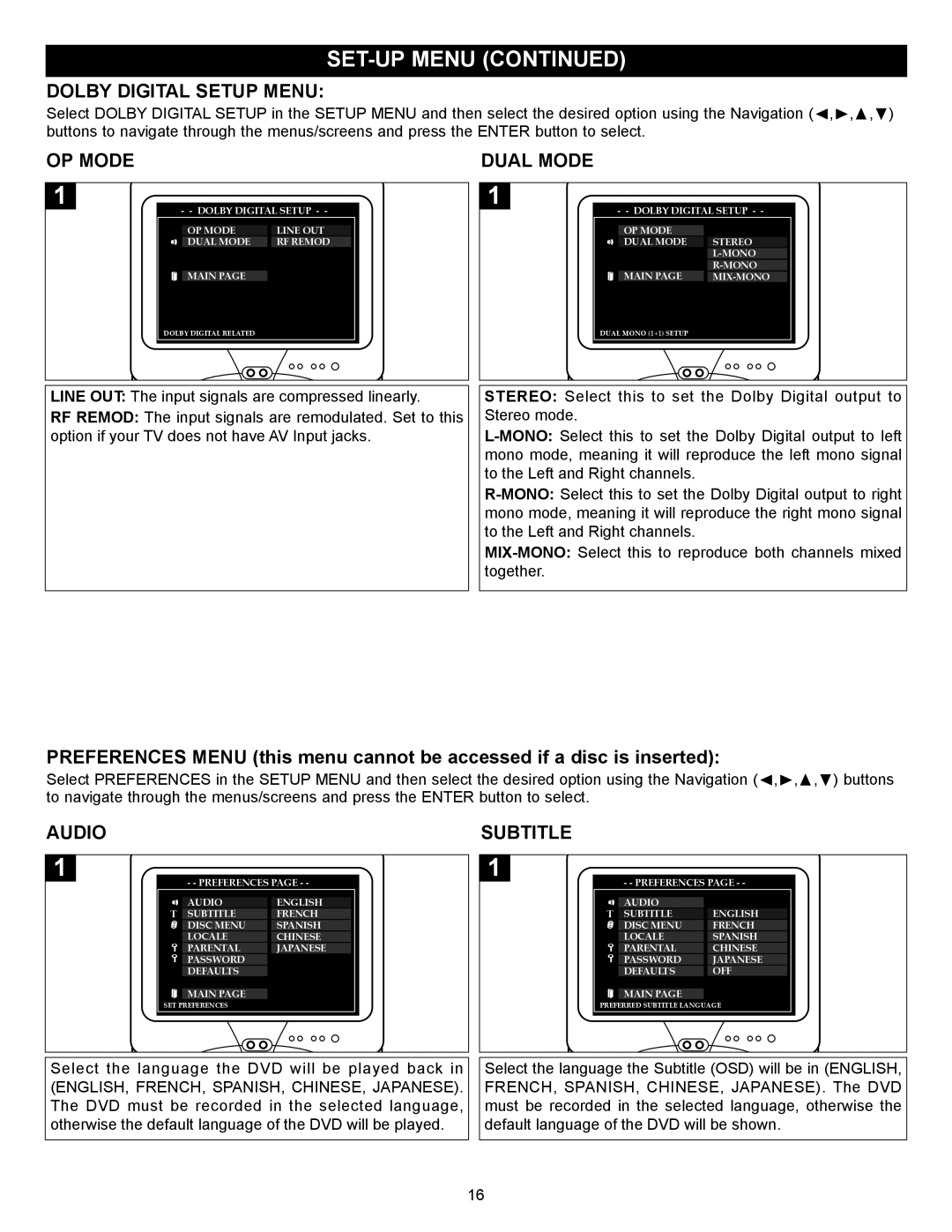 Memorex MVD2027 operating instructions Dolby Digital Setup Menu, OP Mode Dual Mode 