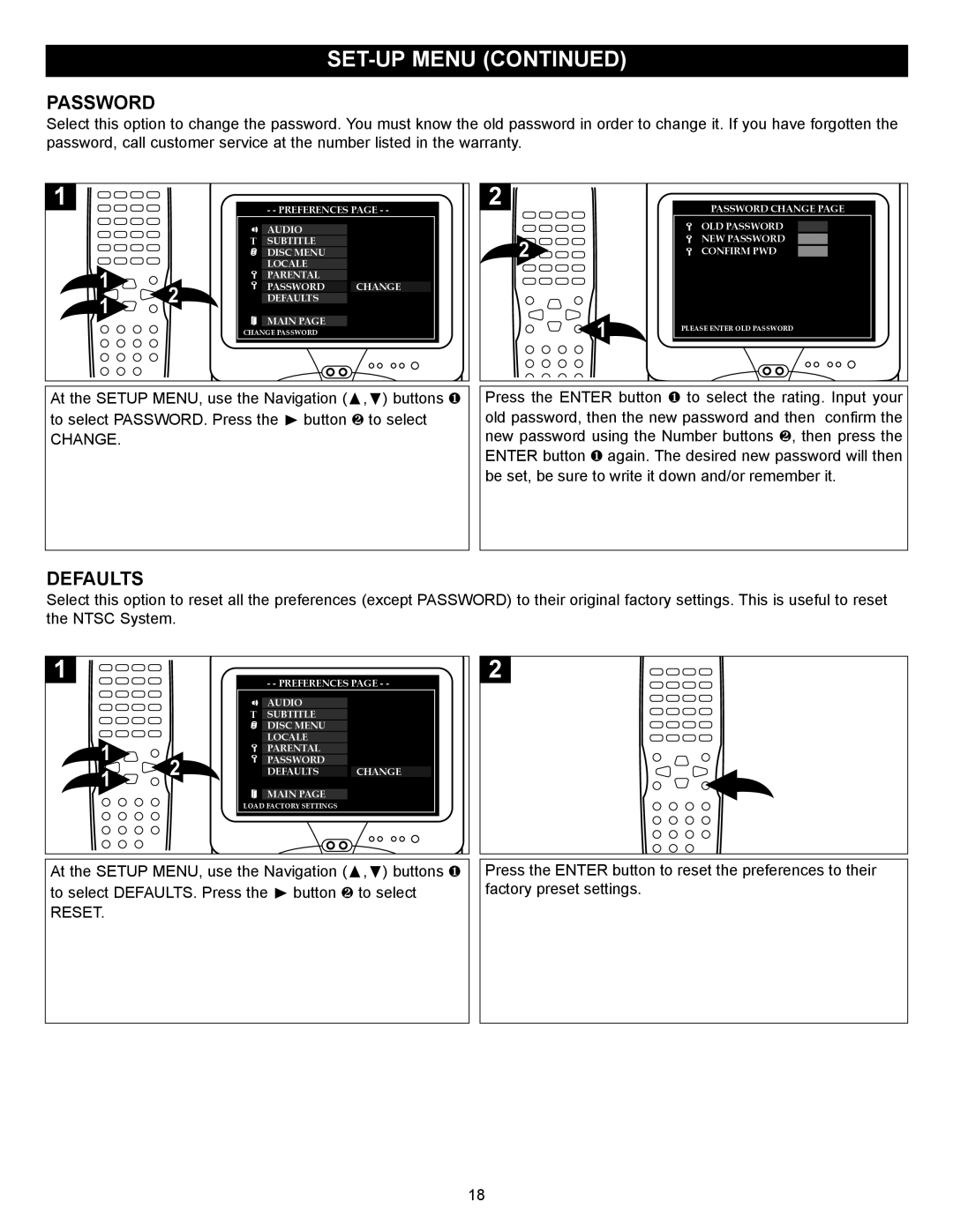 Memorex MVD2027 operating instructions Password, Defaults 