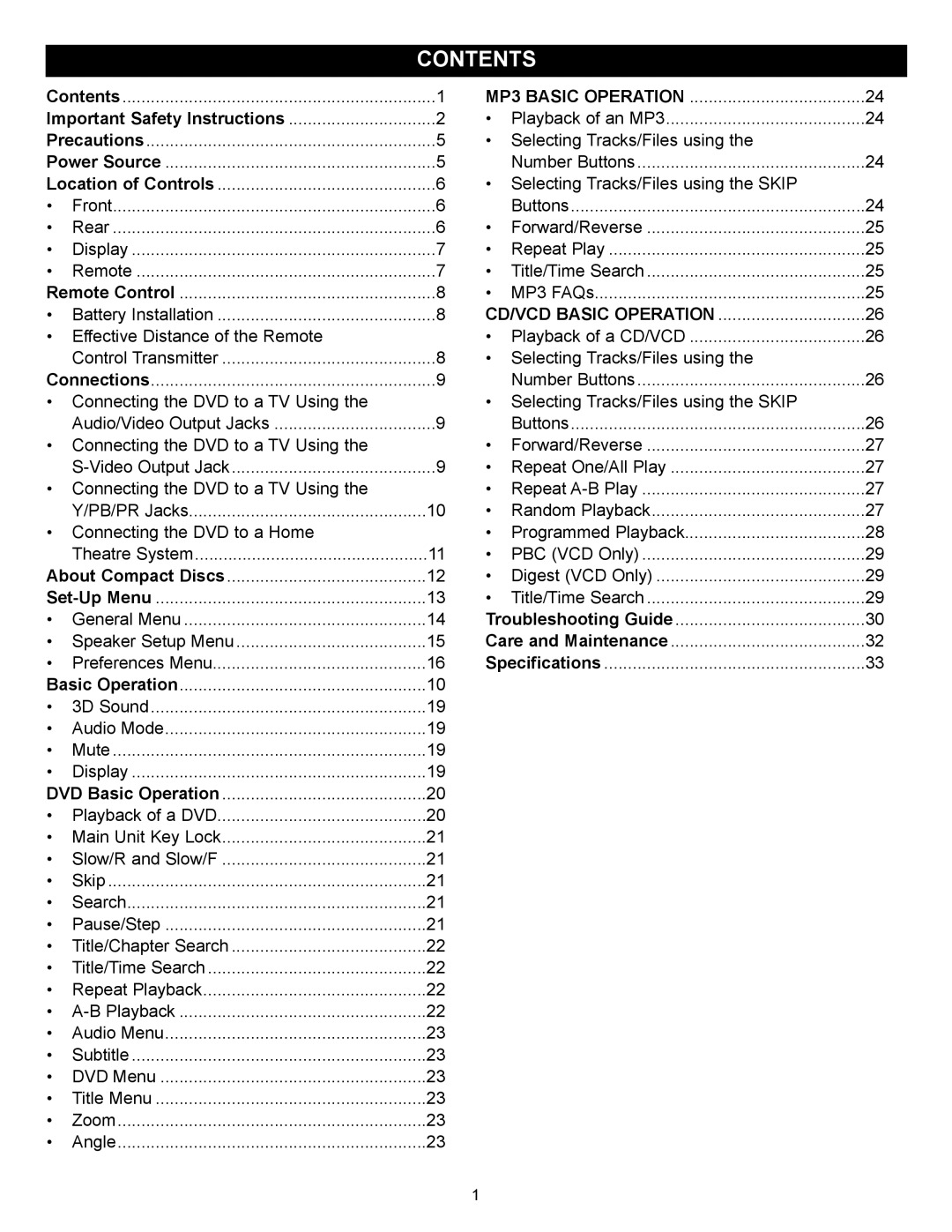 Memorex MVD2027 operating instructions Contents 