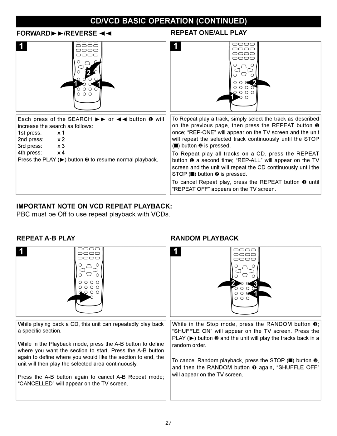 Memorex MVD2027 operating instructions Important Note on VCD Repeat Playback, Repeat A-B Play Random Playback 