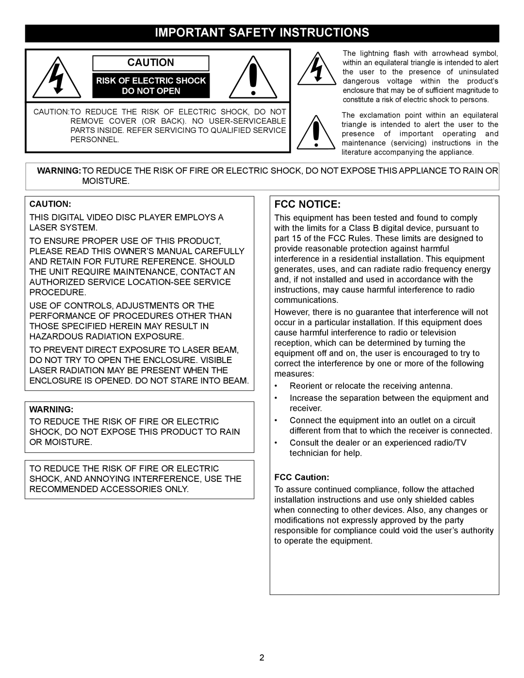 Memorex MVD2027 operating instructions Important Safety Instructions, FCC Notice, FCC Caution 