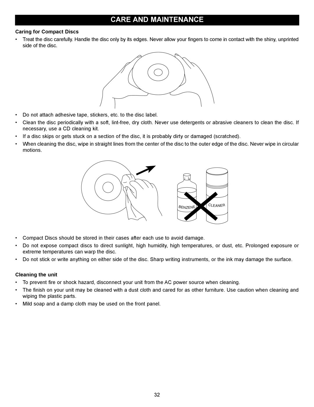 Memorex MVD2027 operating instructions Care and Maintenance, Caring for Compact Discs, Cleaning the unit 