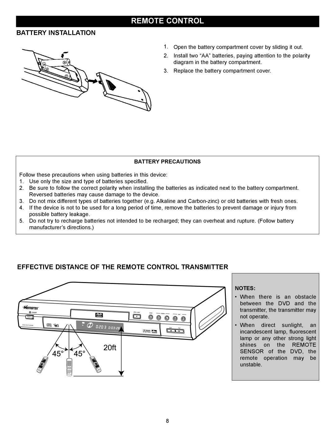 Memorex MVD2027 Battery Installation, Effective Distance of the Remote Control Transmitter, Battery Precautions 